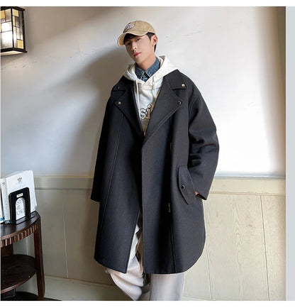 Winter Fashion Woolen Dust Coats Men Zipper Decor High Quality Korean Style Loose Casual Windbreaker Men's Thick Warm Trenchcoat.