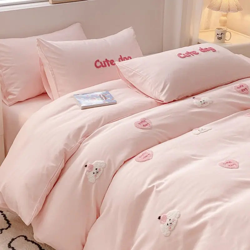 Ins Girly Heart Towel Embroidery Bedding Four-piece Set Soft Washed Cotton Bed Sheet Quilt Cover Three-piece Set.