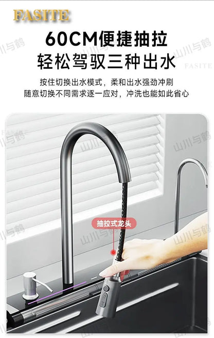 Waterfall kitchen sink nano thickened digital display honeycomb household single slot