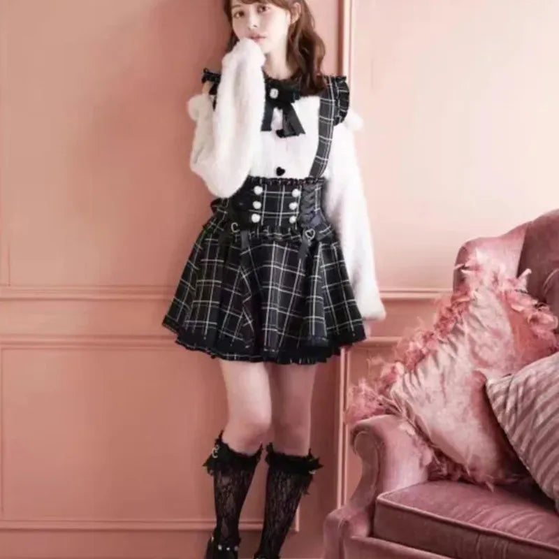 Japanese Gothic Lolita Ribbon Short Suspender plaid Skirt Girls Sweet Cute Lace A-Line Mini Skirts summer2025 black solid kawaii.