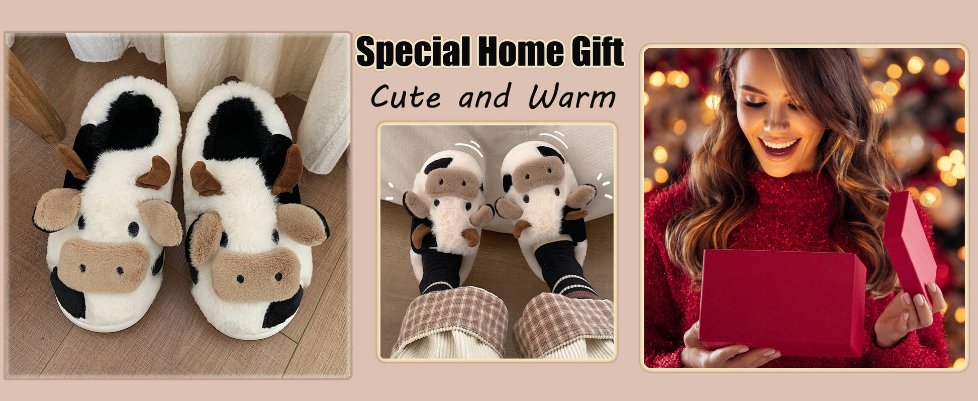Shevalues Plush Cartoon Milk Cow Slippers Winter Women Slippers Furry Non-Slips Women Cotton Slides Couples Soft Cozy Flat Shoes.