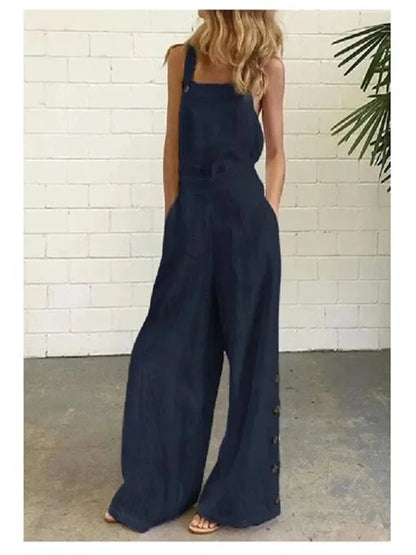 New 2021 Women's Solid Color Sleeveless Side Button Wide Leg Pocket Casual Jumpsuit Comfortable One-Piece Suiting Pants