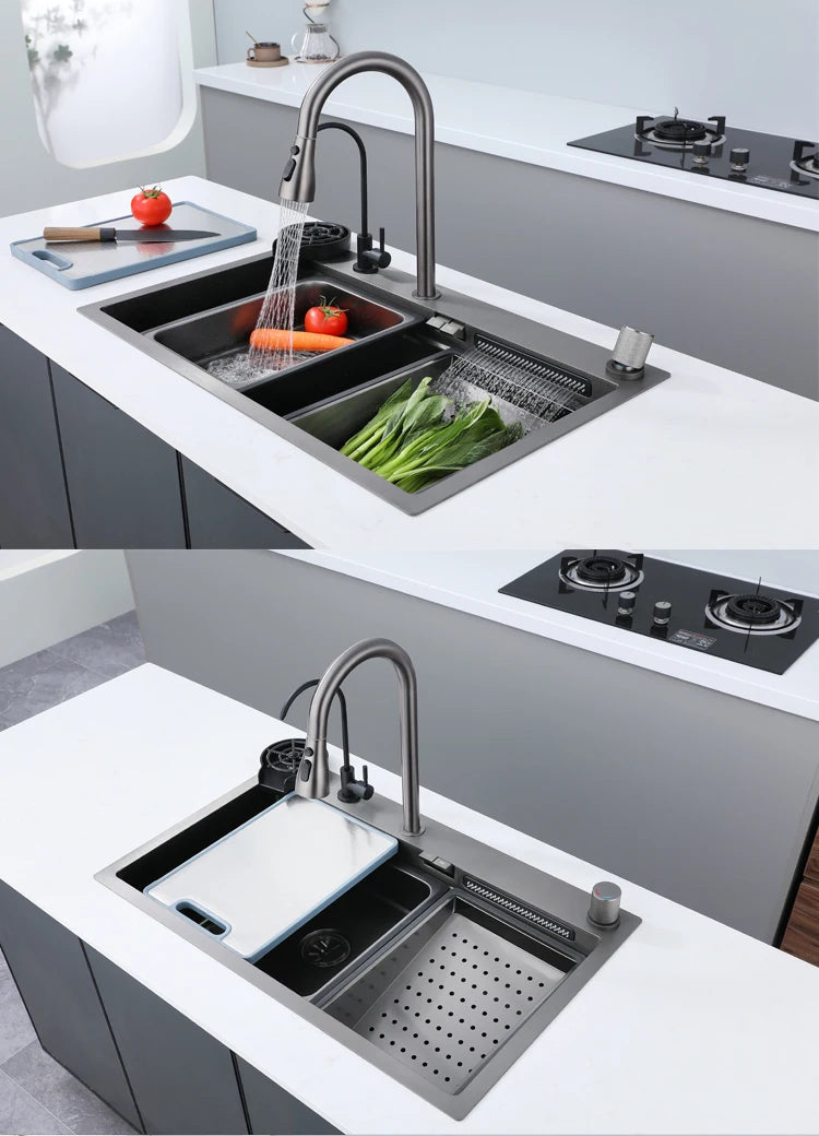 New Stainless Steel Kitchen Sink with Waterfall  Large Single Slot Various Multifunctional Sinks Dish and Vegetable Wash Basin