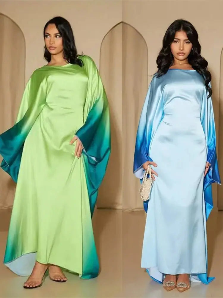 Gradient Color Shiny Batwing Satin Maxi Abaya Dubai Luxury 2024 Abayas For Women Muslim Kaftan Dress Islam Caftan Marocain Femme.