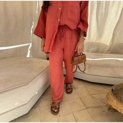Women Vintage Solid Loose Pants Suit Lapel Single Breasted Long Sleeve Shirt Wide Leg Pants 2 Pcs Set 2025 New Ladies Streetwear.