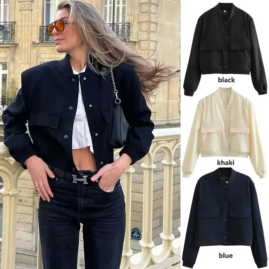 1PCS Frau Bomber Jacke Mantel Weiß Herbst Winter Taste Baseball Aviator Gestellte Jacken für Frauen Langarm Crop Oberbekleidung