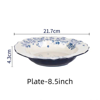 SOLECASA English Retro Ceramic Tableware Blue Flowers Pattern Household Salad Bowls Steak Plate Fruit Dessert Plates Dinnerware.