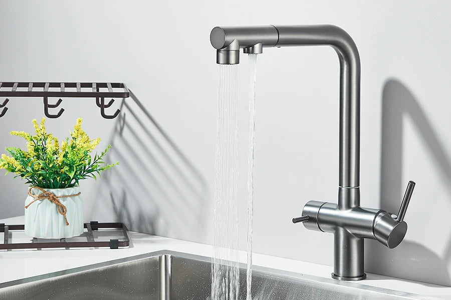 Filtered Kitchen Sink Faucet Pull Out Spray 360 Rotation Water Filter Tap Dual Sprayer Drinking Water Tap Vessel Sink Mixer