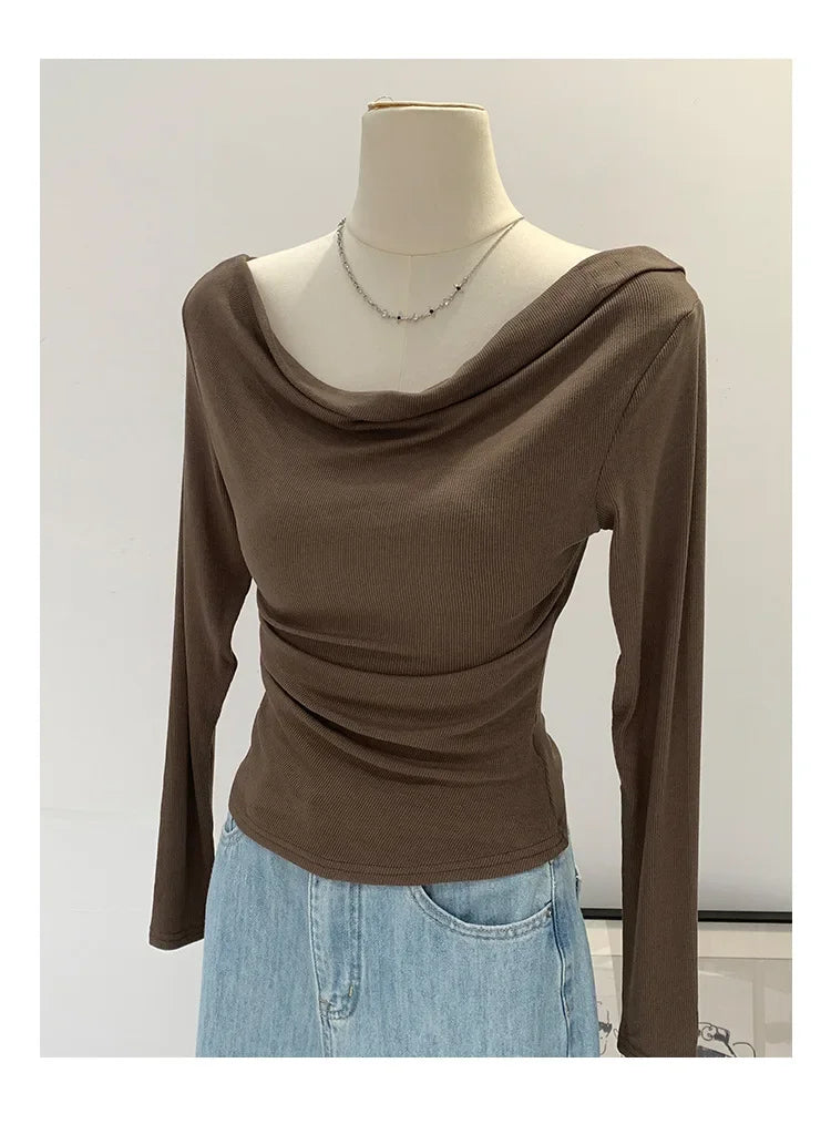 Off-The-Shoulder Long Sleeve T-Shirt Women's Early Autumn New Slimming Design Korean Style Sweet And Spicy Fashion Tops.
