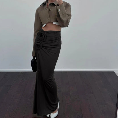 WhereMery Vintage Flower Applique High Split Long Skirt Sexy High-waist Ruched Solid Slim Skirts 2025 Casual Women's Short Drees.