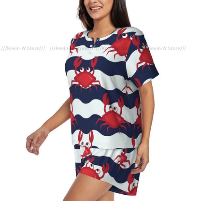 Damen-Pyjama-Set, nautische Krabben, niedliche Krabben und gestreifter Hintergrund, Sommer-Kurzarm-Anzug für Damen, Homewear.