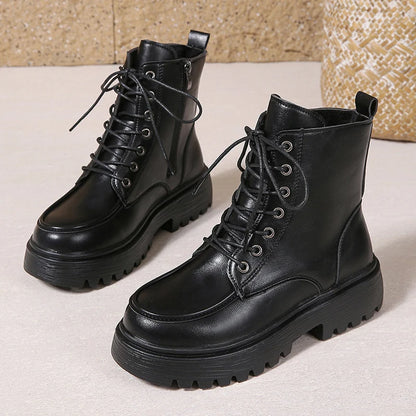 Women's Pu Leather Platform Ankle Boots Plus Size 35-42 Lace Up Motorcycle Boots Women Comfort Wide Leg Black Short Booties.
