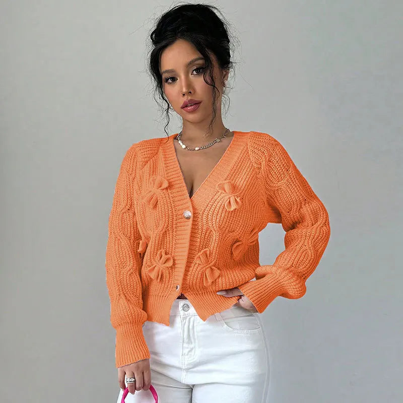 2025 Autumn And Winter Solid Color Long-sleeved Bow Knit Cardigan Jacket New Women's Elegant V-neck Button Versatile Sweater Top.