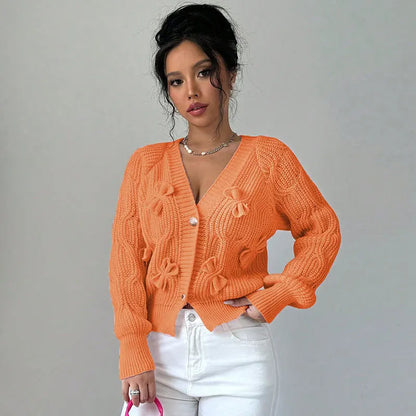 2025 Autumn And Winter Solid Color Long-sleeved Bow Knit Cardigan Jacket New Women's Elegant V-neck Button Versatile Sweater Top.