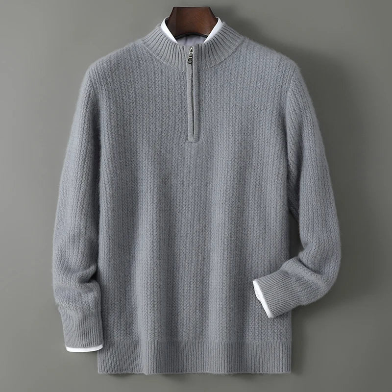 Men's 100% Merino Wool Thicken Sweater Half Zipper Mock Collar Pullover Autumn Winter Cashmere Knitwear Business Casual Clothing