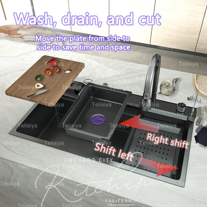 Stainless Steel Kitchen Sink Multifunctional Digital Display Dishwash Sinks Waterfall Large Single Slot Wash Vegetables Basin