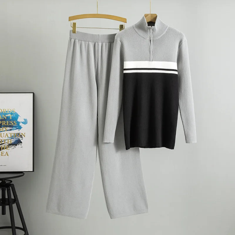 Muslim Knit Suit Women Two Piece Sets Pullover zipper high collar Sweater Knitted Wide Leg Pants Outfits Knitwear 2025 autumn.