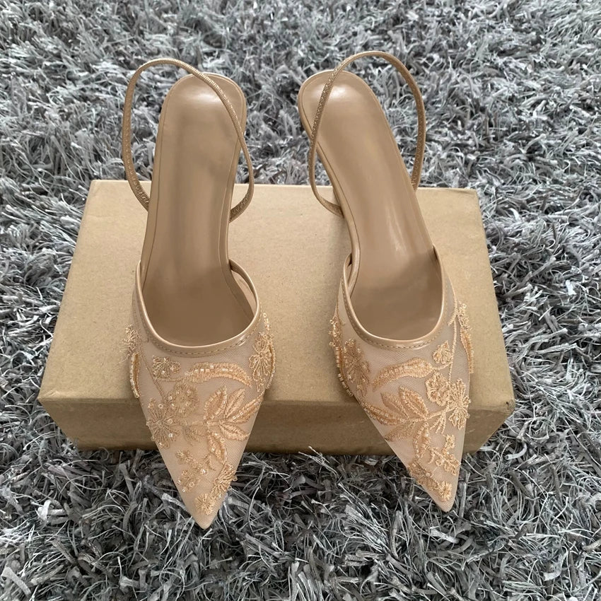 Luxury Brand High Heels Women Sandals Mesh Embroider Elegant Pointed Ladies Slingback Evening Party Wedding Bridal Dress Shoes.