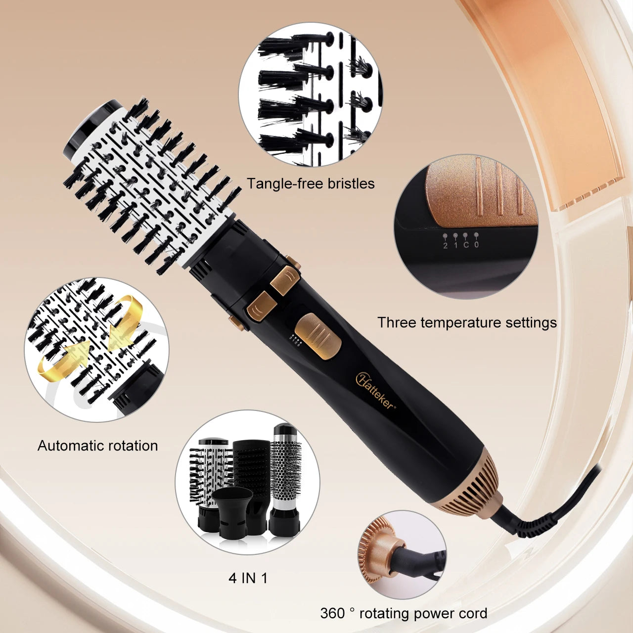 Hatteker EU 4-Head Hot Air Brush Hair Dryer Strong Wind Electric Straightener Curler Roller Comb Blower Styling Tool for Woman.