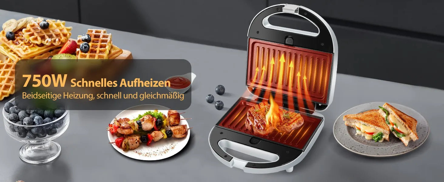 Aigostar Sandwich Maker 3 in 1: Electric Sandwich Maker, Grill and Waffle Maker, 3 Removable Non-Stick and Interchangeable Plates.