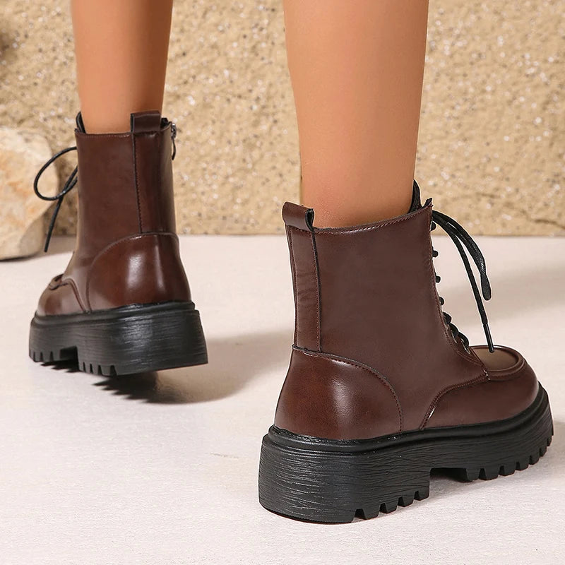 Women's Pu Leather Platform Ankle Boots Plus Size 35-42 Lace Up Motorcycle Boots Women Comfort Wide Leg Black Short Booties.