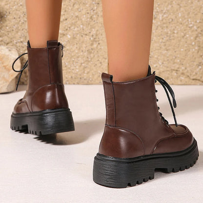 Women's Pu Leather Platform Ankle Boots Plus Size 35-42 Lace Up Motorcycle Boots Women Comfort Wide Leg Black Short Booties.