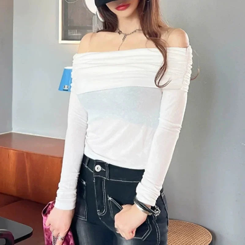 Korean Dongdaemun Spring Summer New Style Elegant One Shoulder Pleated Thin Long Sleeve Slimming Fit Cotton T-Shirt.