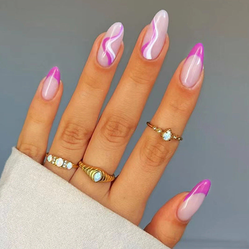 24Pcs French False Nails Almond Fake Nails with Glue Press on White Edge Design Wearable Simple Ins Pink Stiletto Nail Tips.
