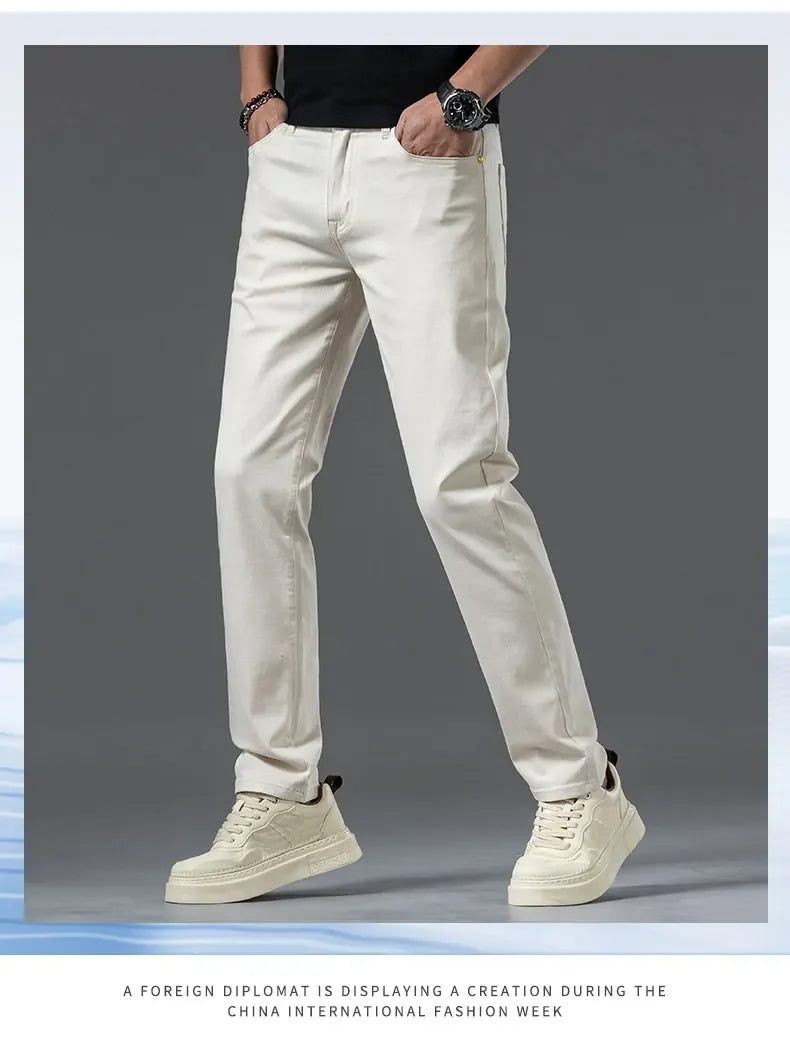 2024 New Summer Thin Men's Straight Denim Cotton Stretch Creamy-white Jeans Classic Business Pants Fashion Trousers Male Brand.