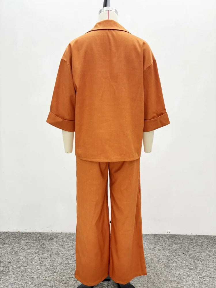 Wmstar Zwei Stück Set Frauen Großhandel Revers Lose Einreiher Hemd Hohe Taille Gerade Bein Hosen Lässig Eleganten Anzug