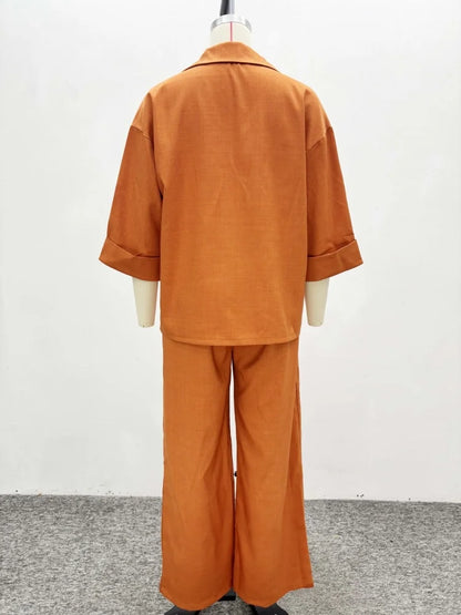Wmstar Zwei Stück Set Frauen Großhandel Revers Lose Einreiher Hemd Hohe Taille Gerade Bein Hosen Lässig Eleganten Anzug