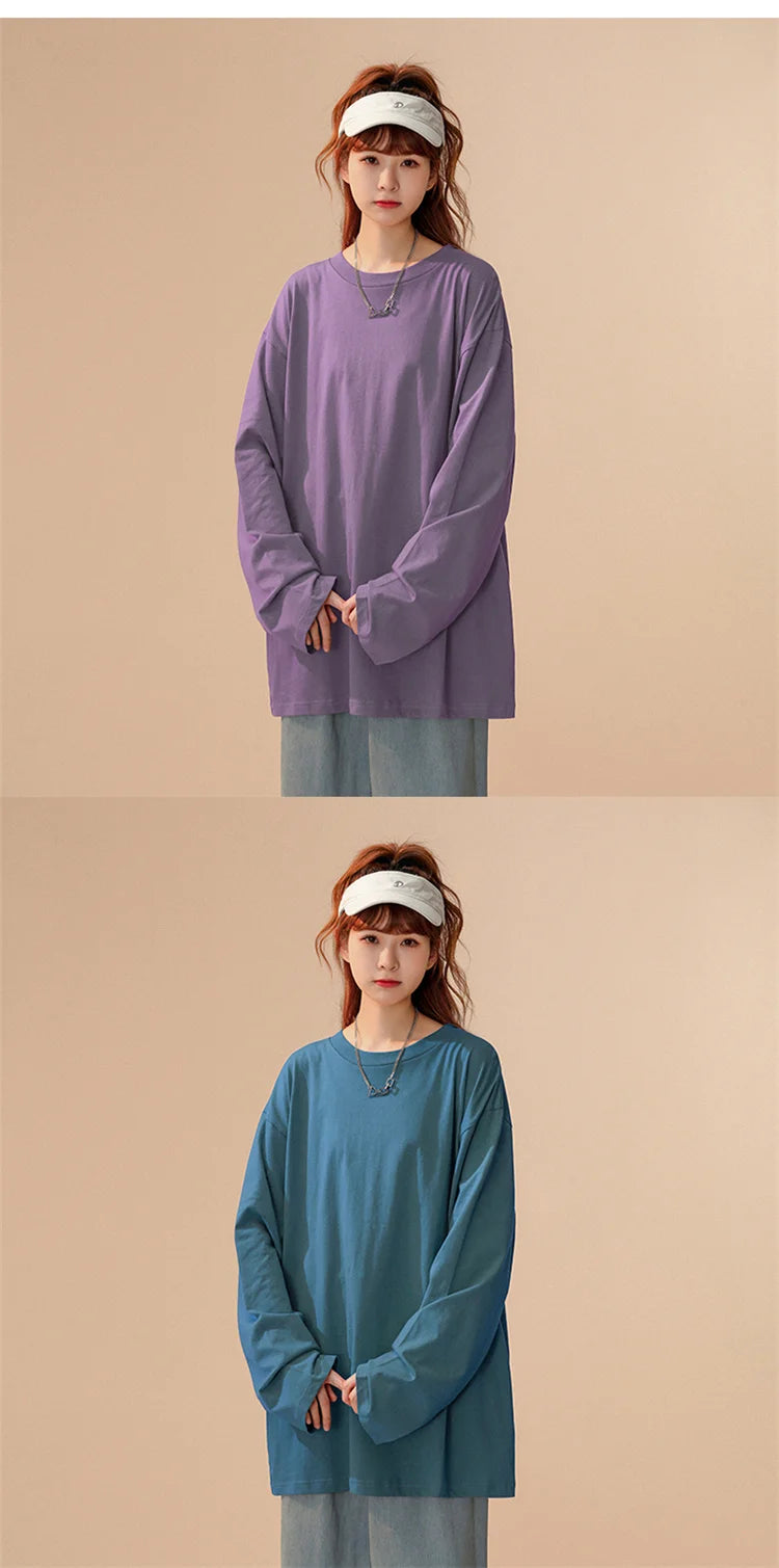 COUTUDI-Oversized T-Shirt for Women, Loose Pullover,Long Sleeve, Casual 100% Cotton Tee Shirt, Lady Tops, Korean Streetwears.