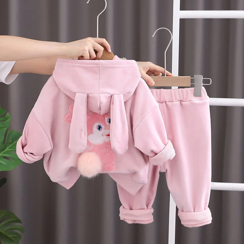 Baby Girls Warm Set Autumn Winter Lining Plush Thick Outfits Kids Cartoon Rabbit Ear Hoodie+Pants 2Pcs Children Casual Clothing