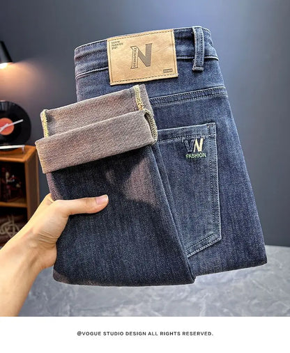 Men's Slim Straight Jeans Fashion Korean Autumn Trousers Comfortable Elastic Black Blue Fitted Business Casual Denim Pants.