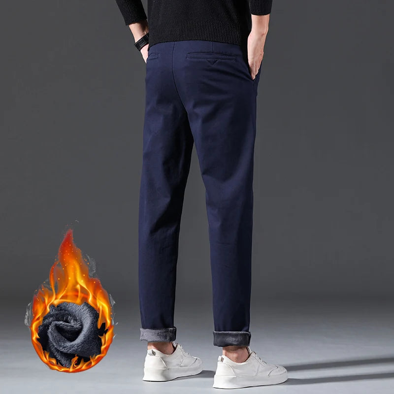 Winter Casual Men Classic Style Business Warm Plush Trousers Regular Thick Fur Pants Male Fleece Elastic Straight Formal Pants.