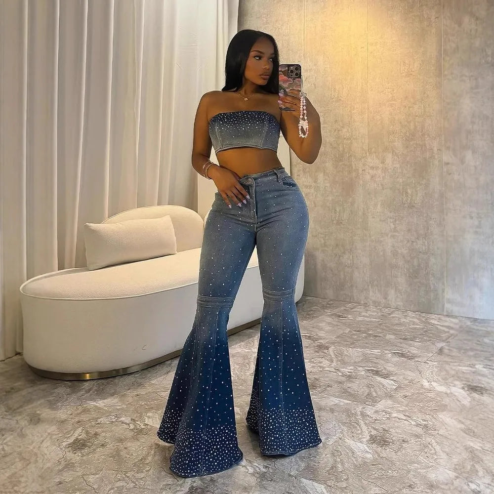 Denim Pant Set Women Two Piece Sets Sexy Matching Sets Sleeveless Short Tops Long Flare Pants High Waist Slim Hot Diamond.