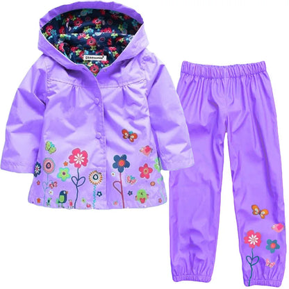 Spring Autumn Waterproof Girls Clothing Sets Flower Pattern Raincoat Coat + Pant 2Pcs Girls Suits 2 3 4 5 6 Years Kids Clothes.