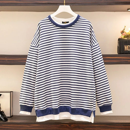 150Kg Plus Größe frauen Fehlschlag 157 Frühling Herbst Neue Lose Gefälschte Zwei-Stück Lange Ärmeln Gestreiften sweatshirt 5XL 6XL 7XL 8XL 9XL