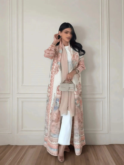 Langer Herbstmantel für Damen, Retro-bedruckt, langärmelig, muslimisches Abaya, Saudi-Mode, faltiger Taillengürtel