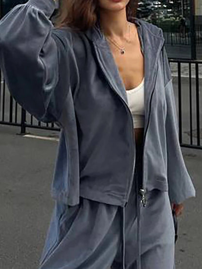 Women Autumn Hooded Coat Two Pieces Sets, Solid Patchwork Wide Leg Pants Chic Outfit, New Long Sleeve Casual Simple Ladies Suits