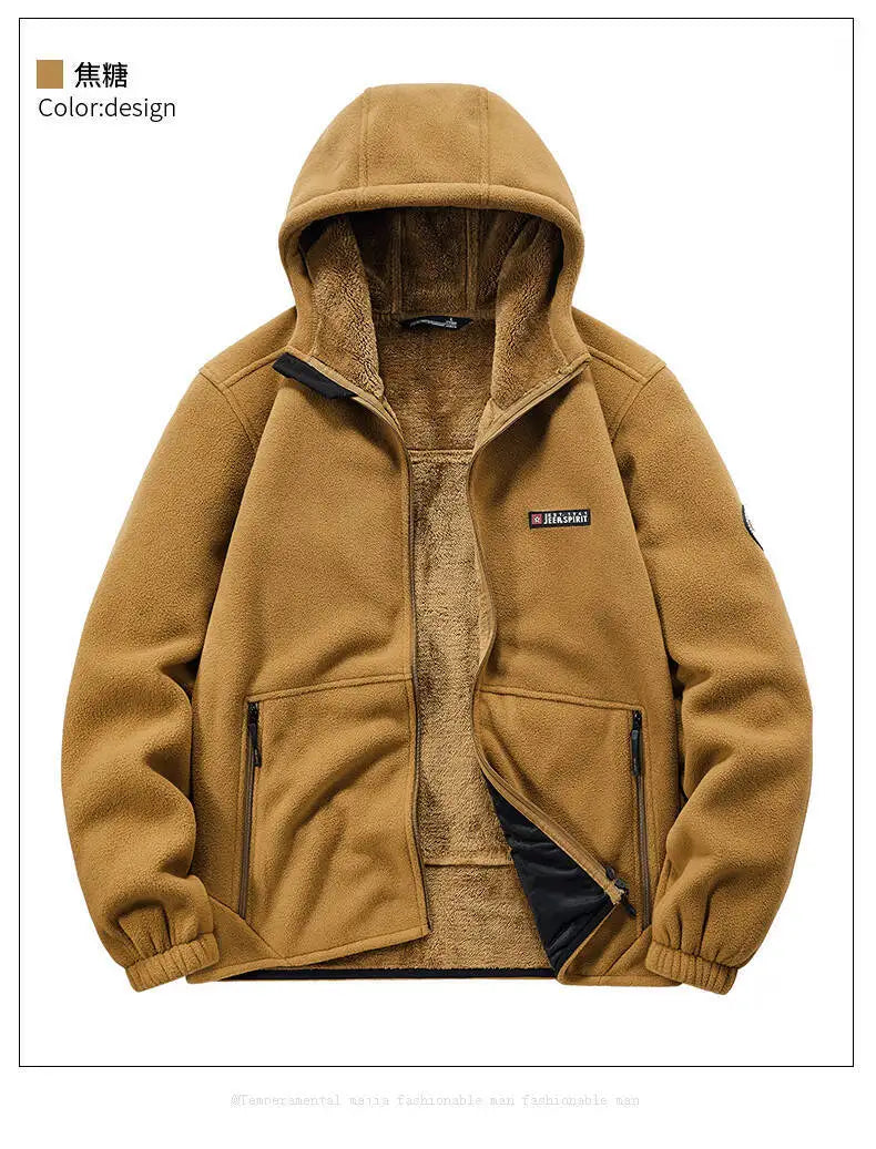 Men's Outdoor Sport Hooded Sweatshirt Jacket Warm Fleece Liner Windproof Softshell Inner Polar Fleece Coat with Zipper & Pockets.