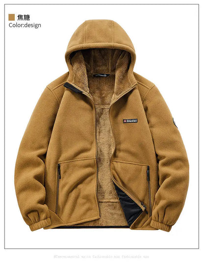 Men's Outdoor Sport Hooded Sweatshirt Jacket Warm Fleece Liner Windproof Softshell Inner Polar Fleece Coat with Zipper & Pockets.