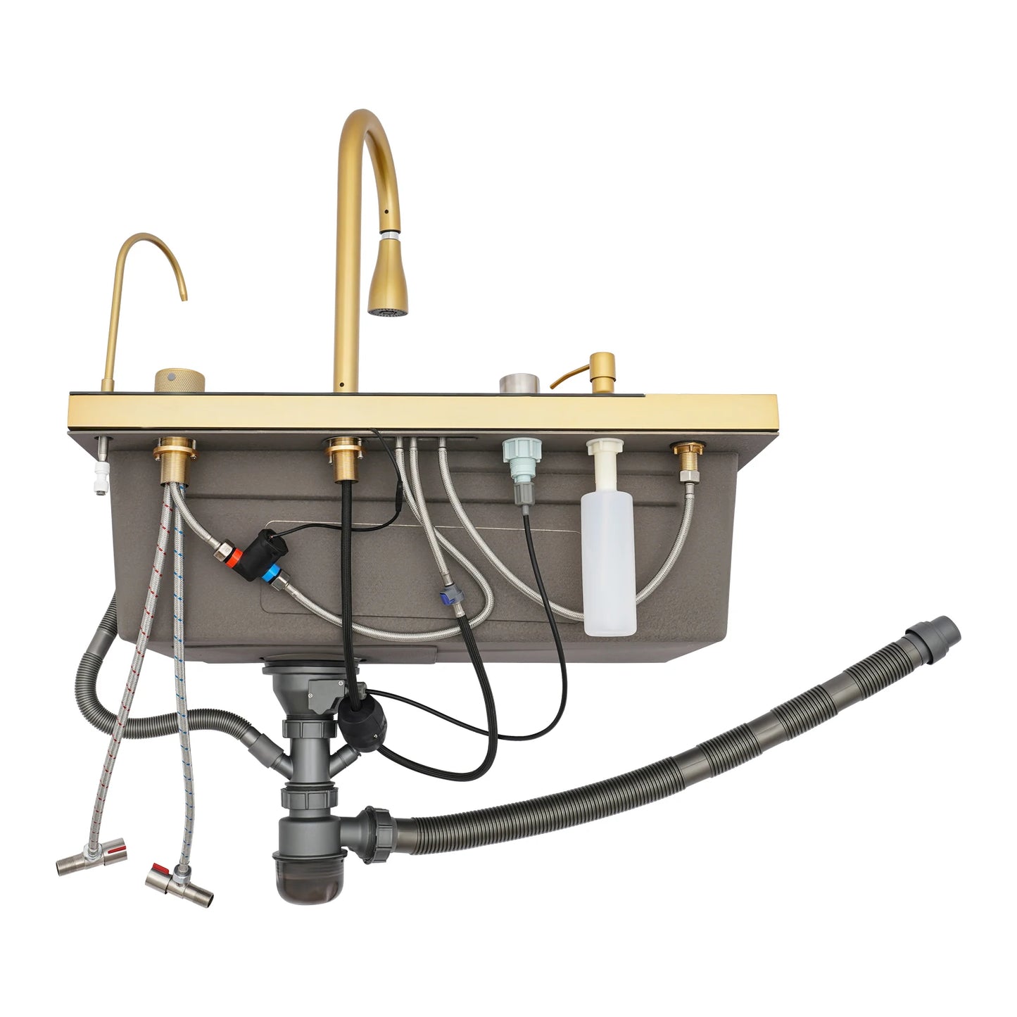 Goldfarbenes intelligentes Küchenspülbecken mit Wasserhahn, digitales Touch-Bedienfeld, ausziehbarem Sprühgerät und Tassenwascher, modernes Waschbecken aus Edelstahl