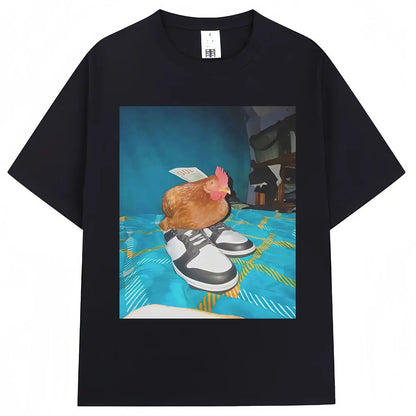 Funny Dripped Out Chicken Meme Print T-shirts Humor Chicken with Shoes Men Women T Shirt Creativity Popular Loose Cotton T-shirt.