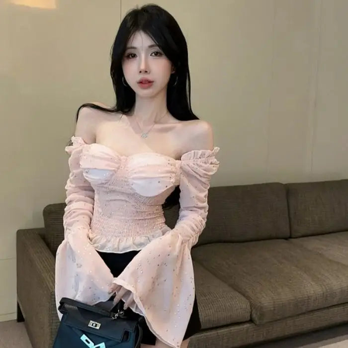 New Women's One Shoulder Flared Sleeve Top Pink Sweet and Spicy Top Niche and Unique Shirt.