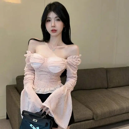 New Women's One Shoulder Flared Sleeve Top Pink Sweet and Spicy Top Niche and Unique Shirt.