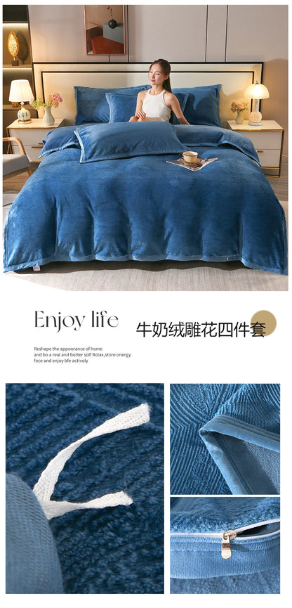 2025 new light luxury high gram weight carved fleece milk fleece bed sheet four-piece set thickened warm bedding winter
