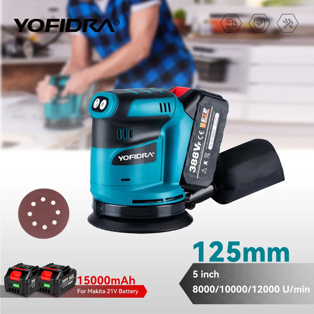 YOFIDRA Elektrische Exzenterschleifer 125 MM Akku-schleifen Schleifen Polieren Maschine Holzbearbeitung Power Tool Für Makita Batterie Pin