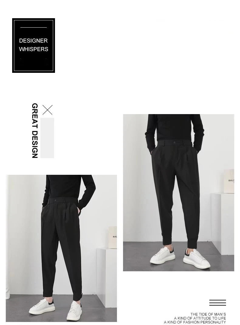Fashion Men Casual Pants Elastic Waist Small Feet Slim Korean Style Pleated Tapered Male Blazer Pants Trousers Streetwear.