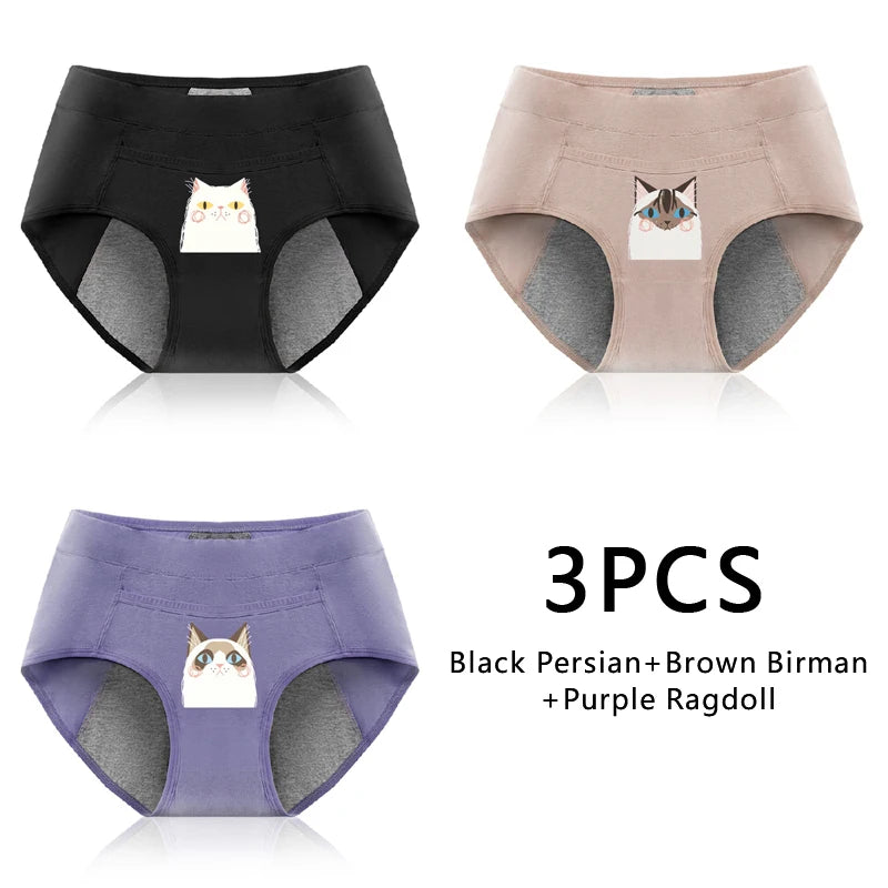 3PCS Cotton Menstrual Panties Leak Proof Breathable Cartoon cat Panties Woman Women Girls Physiological Pants Women's Intimates